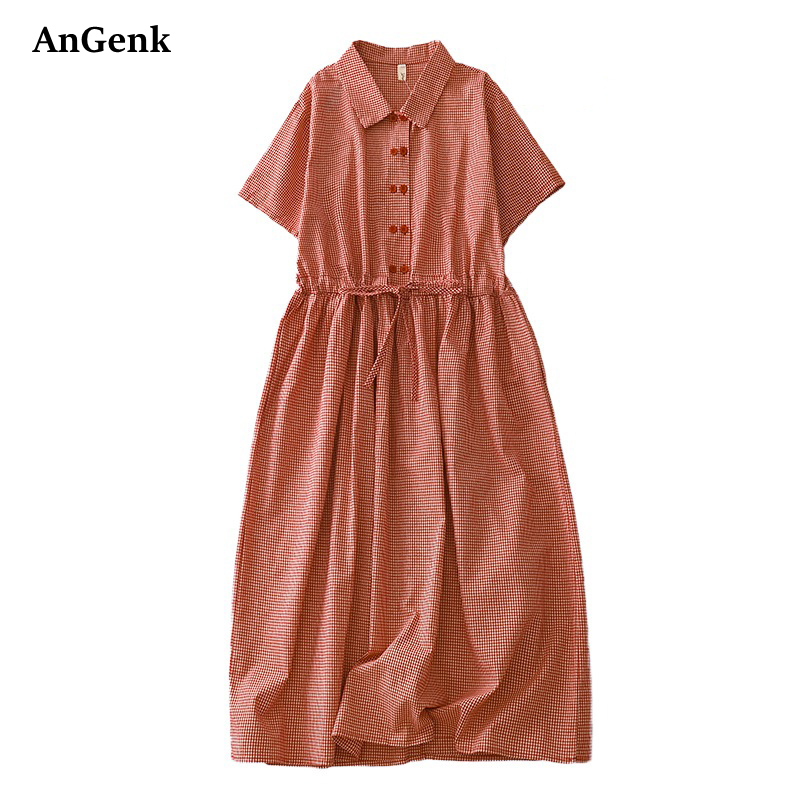 Summer Clothing Drawing - Baumwoll-Kurzarm-Vintage-Karo-Sommerkleider für Damen 2026 Lässiges langes